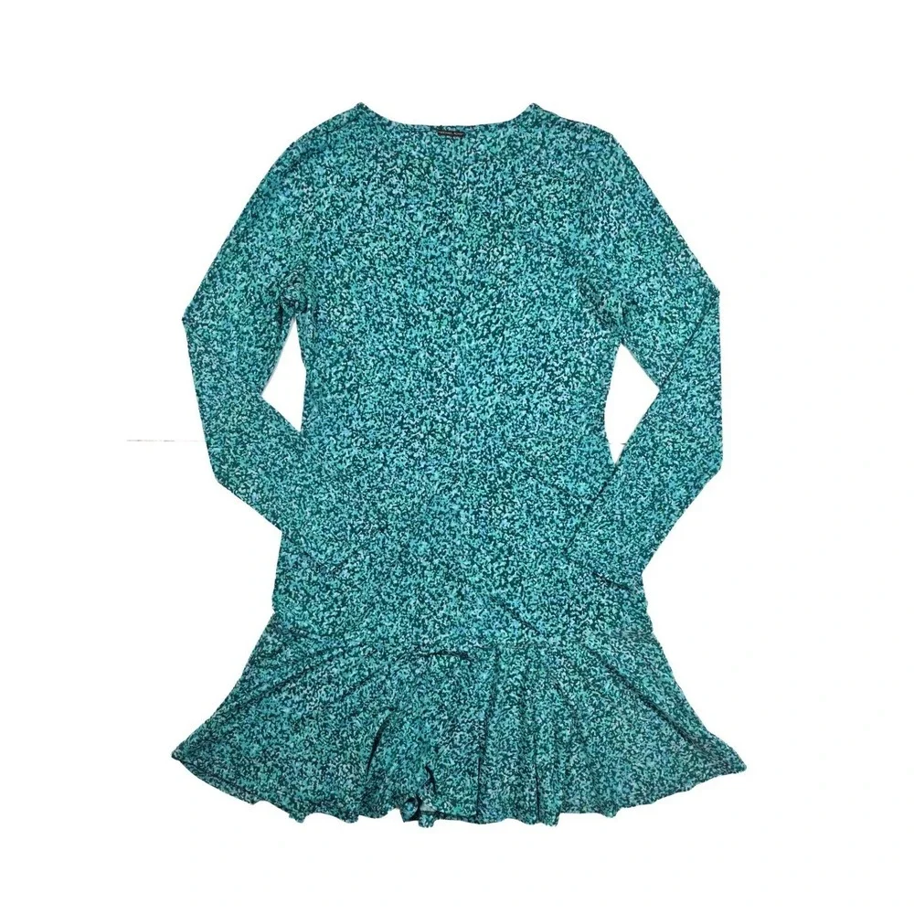 Michael Kors Green Teal Geometric Print L/S Ruffled Short Dress Women's Medium